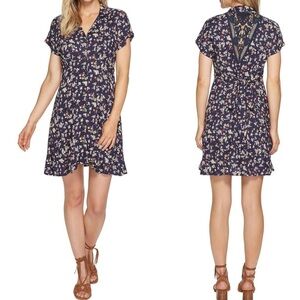 Angie Short Sleeve Blue Floral Printed Crochet Back Mini Dress